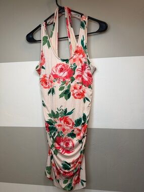 Daily Practice Anthropologie Floral Tank Midi Dress in Peach with Pink Roses S